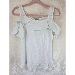 Gigi Moda White 100% Linen Cold Shoulder Ruffle Top Made